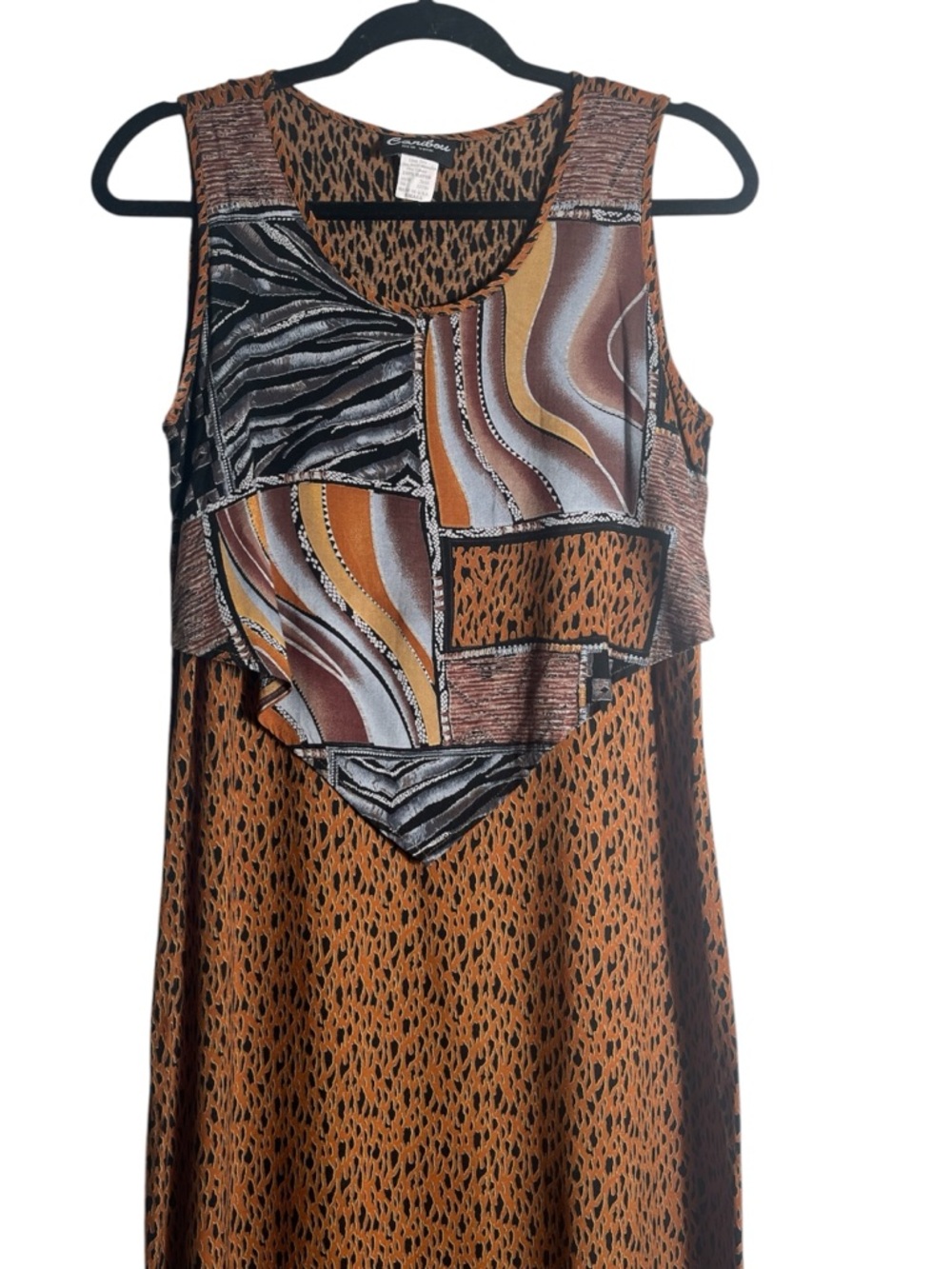 Sleeveless Brown Patchwork Maxi Dress with Abstract Print - Picture 2 of 4
